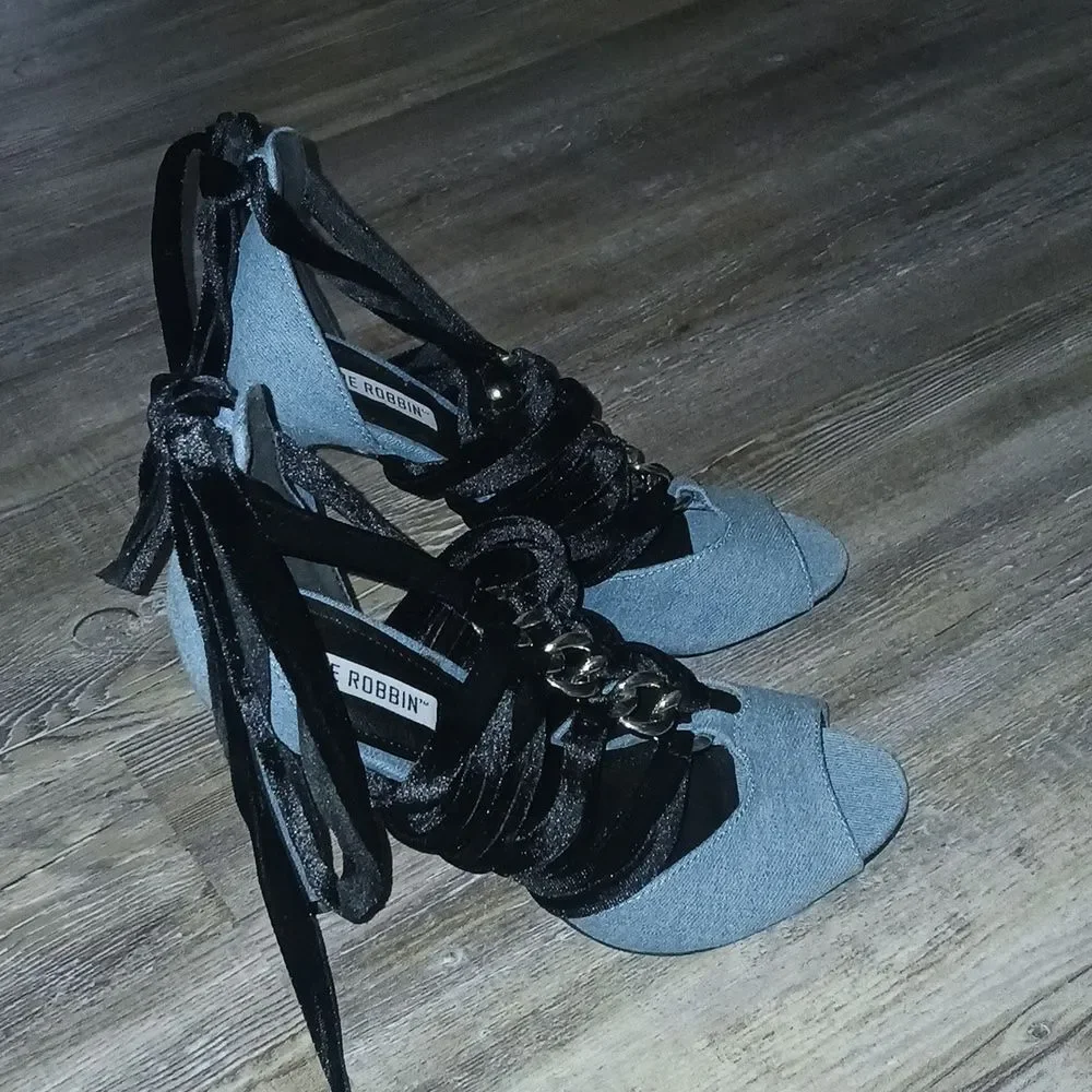 Cape Robbin Denim Black Peep Toe Ankle Straps Heels NWOT Sz 8